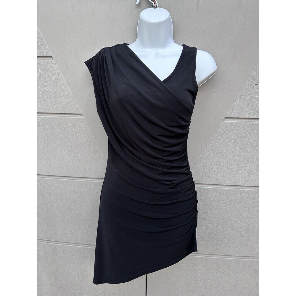 CACHE Black Asymmetric Side Ruched Jersey Knit Stretchy Tunic Top Sz S Y2K Sexy